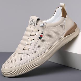 2024 Summer Hollow Out Men's Genuine Leather White Sneakers European Station Men's Shoes All-match Men's Casual Shoes Men's Shoes