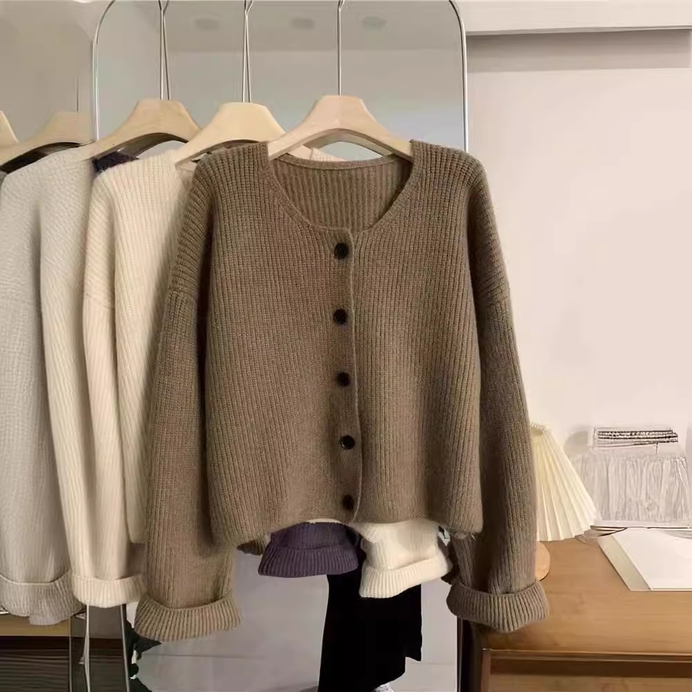 2026 Korean Style Round Neck Casual Sweater Women's Cardigan Spring New Loose Lazy Style Long-Sleeved Knitted Top