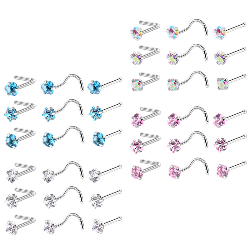 European American Classic Stainless Steel Zircon Nose Nail Star Right Angle Titanium Steel Nose Piercing Jewelry detail image 11