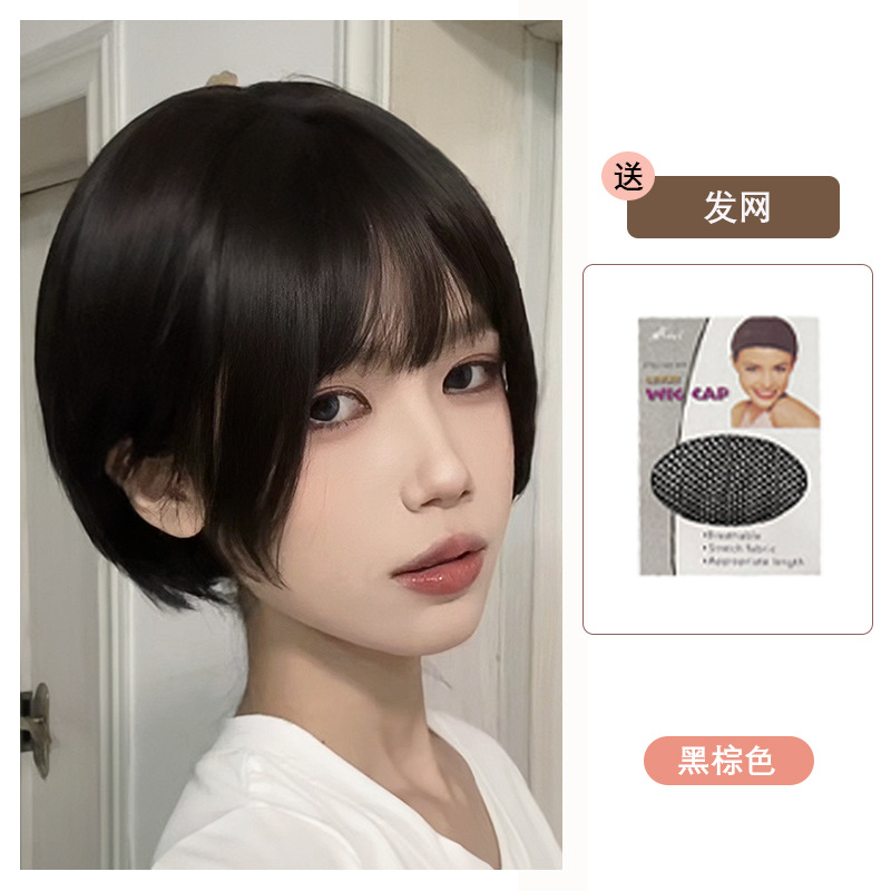 Peluca Bobo Cabeza Corto Cabello de mujer Cabello completo Cabello natural Moda cara redonda Clavícula Cabello Aire flequillo Funda de peluca