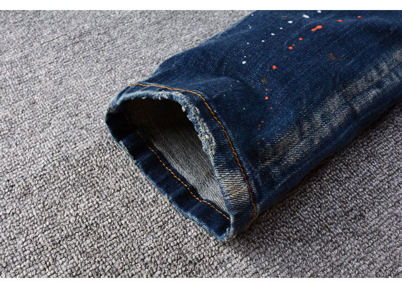 Men's Retro Blue Washed Jeans | Splatter Paint & Ripped Detail | Relaxed Straight Leg Denim Pants Comfortable Straight Leg Fit_viptrois.com