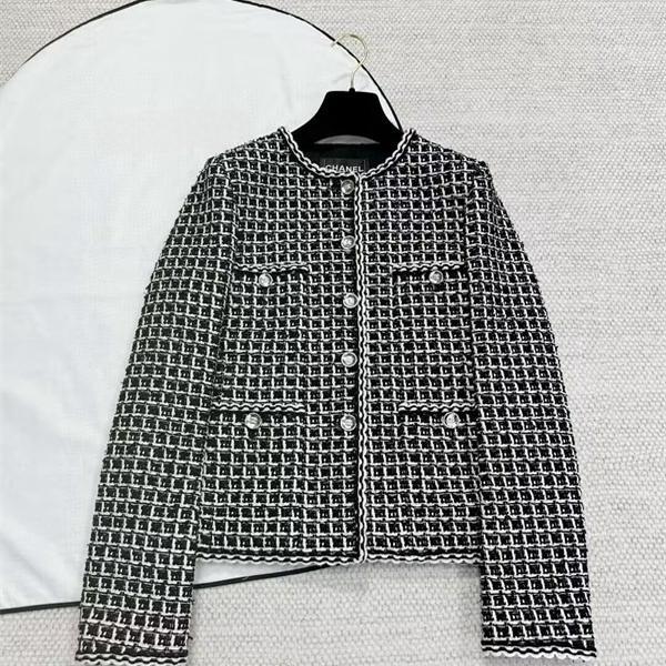 Nanyou Haute Couture 2025 Spring Small Fragrance Round Neck Long Sleeve Single Breasted Houndstooth Double Pocket Tweed Jacket for Women