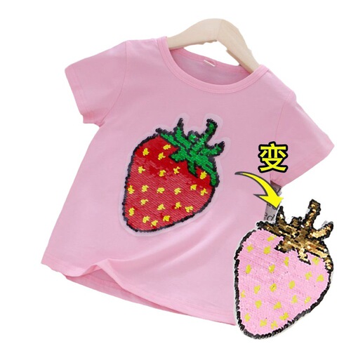 Girls summer thin Korean style T-shirt children's watermelon double-sided color-changing sequin short-sleeved 2024 children's clothing big children's tops