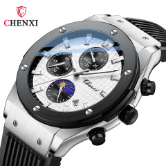 Chenxi Multifunction Three-Eye Six-Needle Men's Thin Calendar Moon Phase Timer Silicone Live Cross-Border Quartz Watch