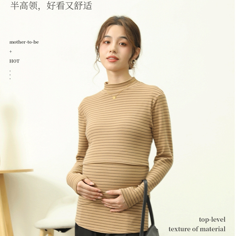 New Pregnant Women Autumn and Winter Half High Collar Warm Base Shirt Postpartum Breastfeeding Striped Fashion Long Sleeve Autumn Clothes Pregnancy Top