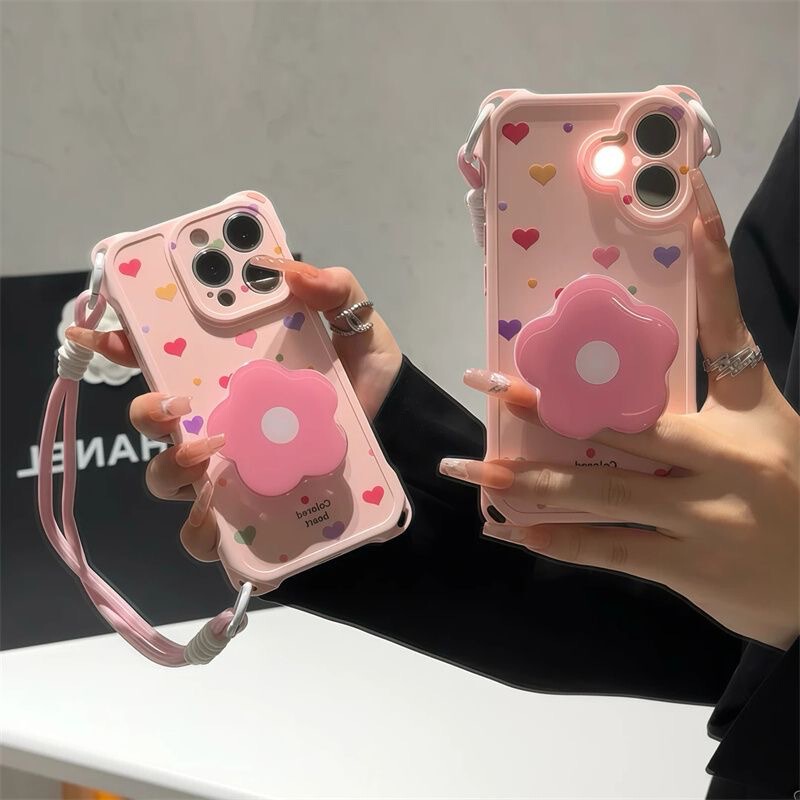 ins粉爱心花朵支架挂绳适用iPhone苹果16手机壳华为vivoppo小米15|undefined