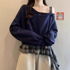 宽松斜肩格子拼接长袖卫衣女秋季2025新款大码胖mm假两件遮肚上衣