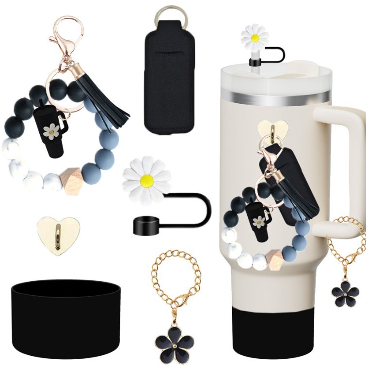 Amazon taza de calor cuentas brazalete llavero botella de agua colgante margarita gorra de paja flor colgante taza cubierta