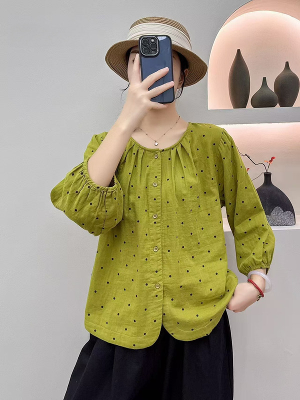 文艺小碎花印花圆领双层棉纱衬衫女秋季新款宽松大码休闲显瘦上衣|undefined