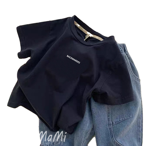 100% Cotton Korean Style Summer Top for Boys, Short-Sleeve Children's Cool and Stylish Casual Navy Blue T-Shirt for Babies, Navy Blue T-Shirt