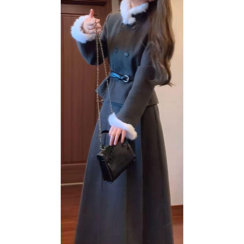 韩系气质小香风千金感毛领外套女秋冬高腰百褶半身裙套装甜美精致|undefined