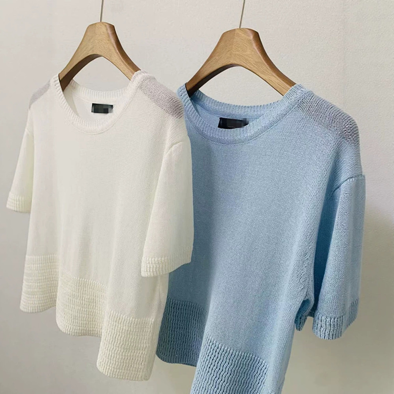 Italian High-End Luxury Spring/Summer Women's Clothing Lp26 New Fashion Versatile Washi Yarn Knitted Hollow Jacquard Round Neck Short Sleeve Italian High-End Luxury Spring/Summer Women's Clothing Lp26 New Fashion Versatile Washi Yarn Knitted Hollow Jacquard Round Neck Short Sleeve