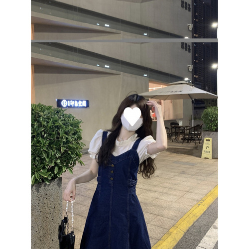 Complete set with age-reducing suit dress, summer denim/cotton suspenders, long dress, small, slightly plump and slimming suspenders,