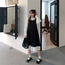 2024新款木耳边娃娃领甜美小清新衬衫+复古百搭学生背带连衣裙潮