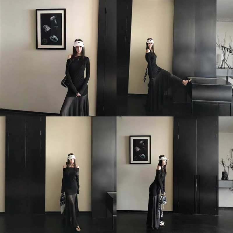 Skk Store jennie同款Lem*风弹力微透不规则修身长袖连衣裙女秋夏|undefined