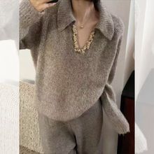 哺乳衣秋冬季翻领毛衣灰色亮片穿搭慵懒高级感超好看宽松针织衫