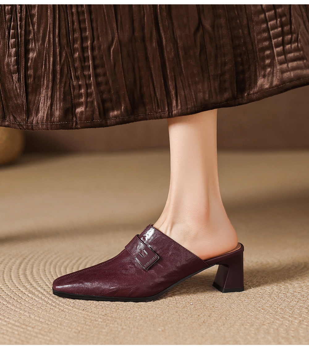 Dép sandal cao gót nữ mũi nhọn quai ngang da dê gót thô 5 cm — đen chi tiết 17