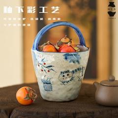 陶美集手绘青花陶瓷提篮果盘带提手景德镇原创手工釉下彩中式猫咪