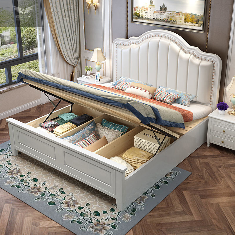 Cama americana de madera maciza, minimalista moderna, ligera, de lujo, cama principal de 1,8 m, cama de matrimonio con bolsa blanda de 1,5 m, cama de princesa de almacenamiento