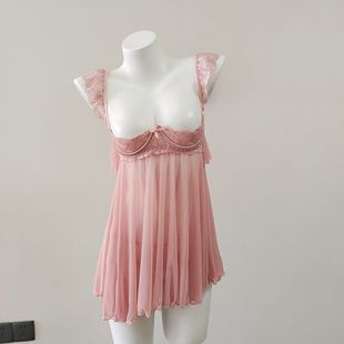 2025 New Sexy Pajamas for Women Summer Emotional Fun Small Breast Lace Splicing Suspenders Hollow Mesh Nightgown Set