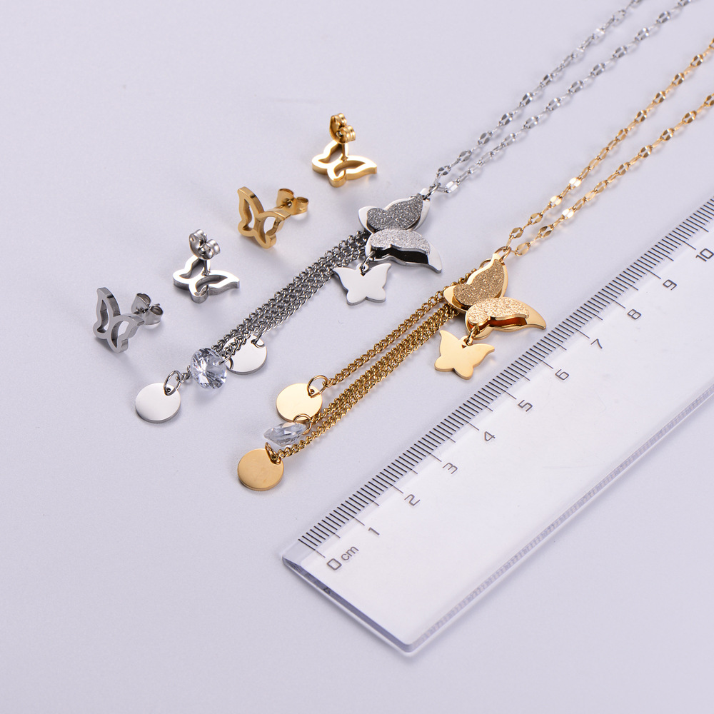 Fashion Exquisite Butterfly Tassel Zirconium Inlaid Stainless Steel Necklace Earring Set