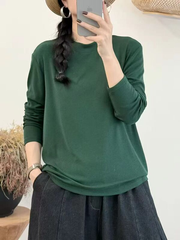 新品韩版显瘦百搭圆领宽松内搭 纯色打底衫长袖T恤女|undefined