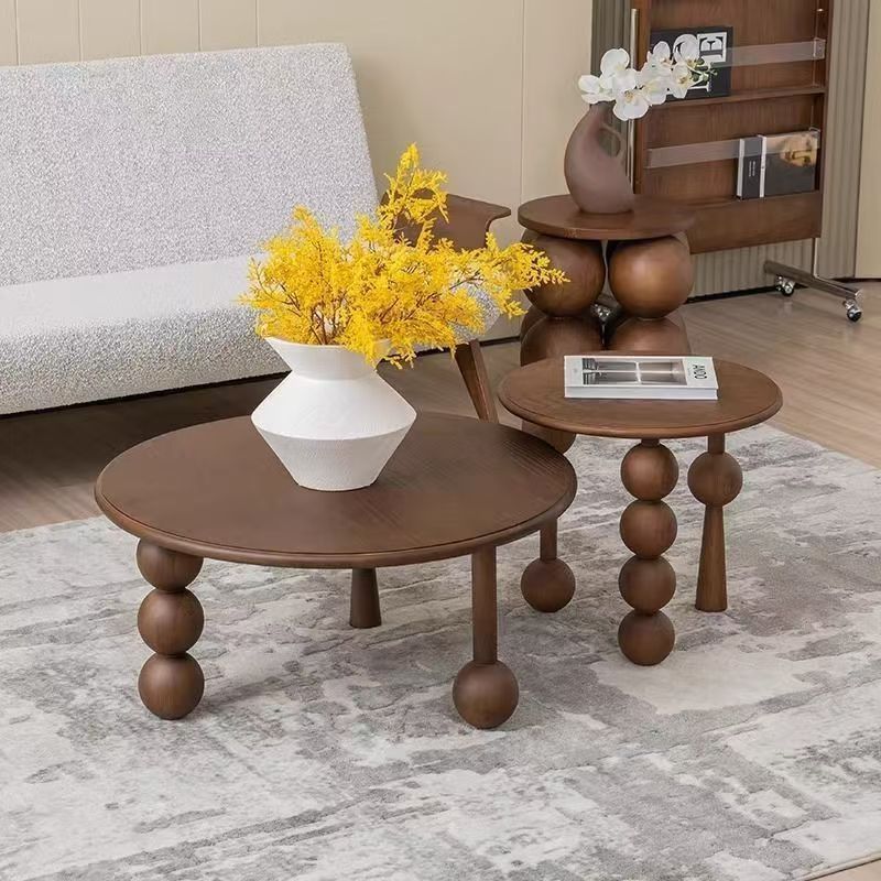 French-Style Retro Small Coffee Table, Sofa Side Table, Living Room Small Table, Movable Solid Wood Round Mini Small Apartment