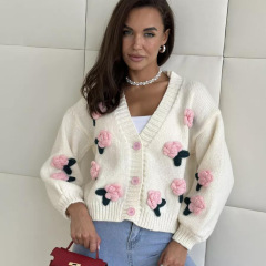 欧米の国境を越えた立体花ニットカーディガン女性秋冬の新しいゆるいvネックの短いファッションセーターのコート