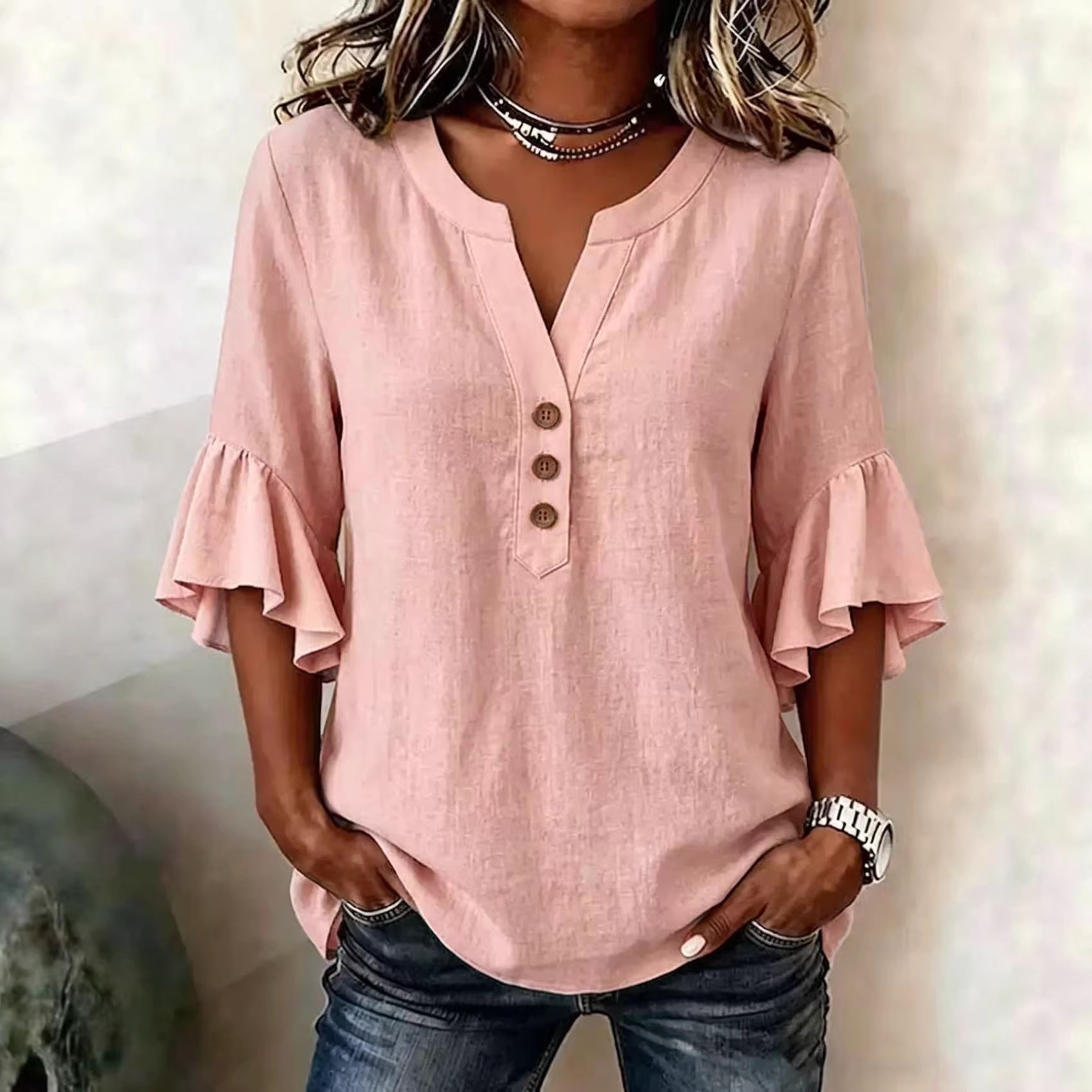 Women's Clothing Women's Solid Color V Neck Top Three Quarter Sleeve Ruffled Casual Cotton And Linen Blend For Formal & Casual For Women_ecoleips.com