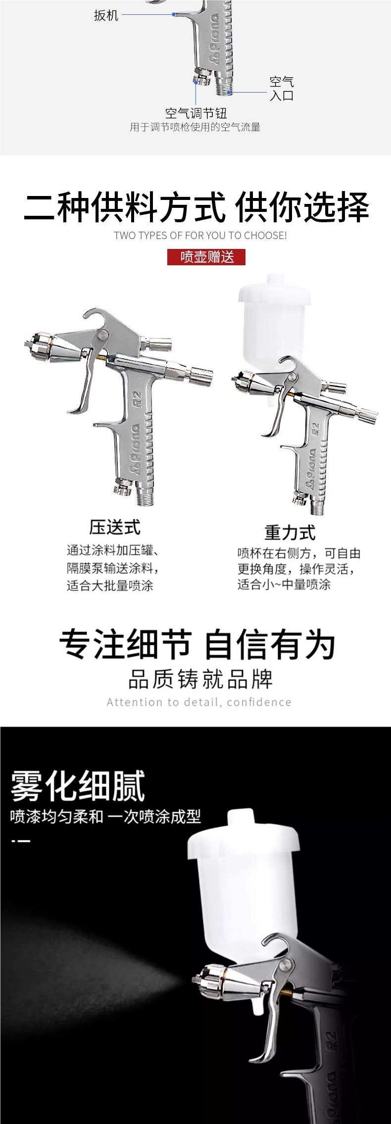 Taiwan Poly R2-R/F small pneumatic paint spray gun, for furniture, leather, touch-up, and repair painting