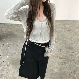 现H 韩系坑条亚麻防晒开衫女2026夏季薄款V领百搭纯色针织衫nue*e