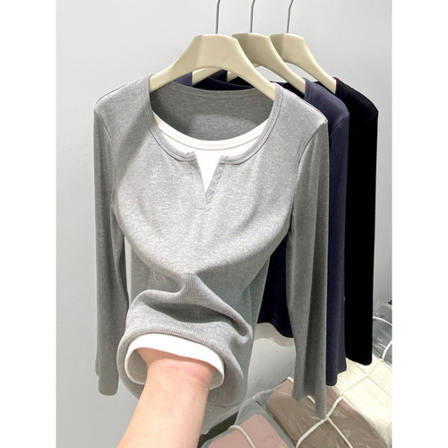 Women's Autumn Slimming and Stylish Long-Sleeve T-Shirt with Pseudo-Halter Design, Elegant and Unique Round-Neck Basic Top