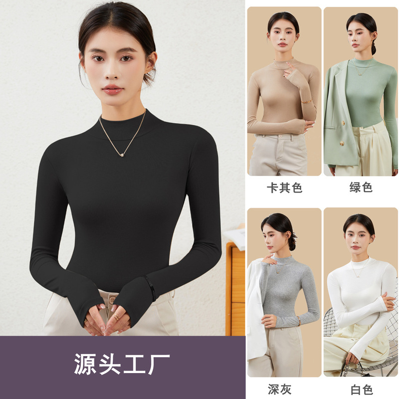 Women's half turtleneck bottoming shirt autumn T-shirt inner slim top long sleeve winter white black women's clothes Women's half turtleneck bottoming shirt autumn T-shirt inner slim top long sleeve winter white black women's clothes