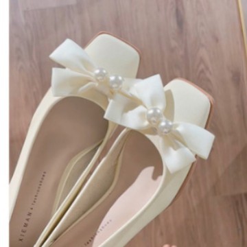 5882-205B方头时尚性感婚纱搭子白色珍珠浅口性感粗跟不累脚