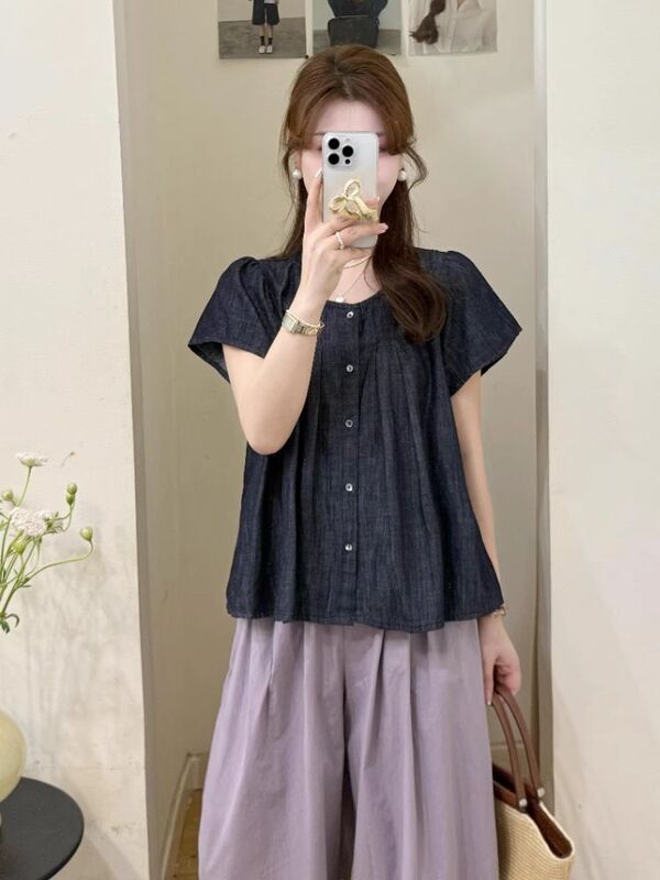Xiao Qi 2025 見栄えの良い夏服、美しい小柄な黒のシャツ、紫色のワイドレッグパンツのツーピーススーツ|undefined