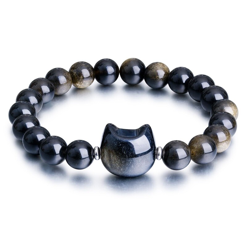 Natural Silver Obsidian Bracelet 8mm Beaded Elastic Rope Birthday Gift Night Elf Tiger Eye Stone Cat Head Bracelet for Women