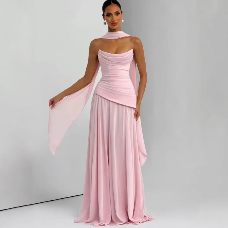 French-Style Strapless Tube Top Dress for Women with Cross Straps at the Back, Slim Fit, Waist-Cinching, Patchwork, Pleated, Irregular Long Dress