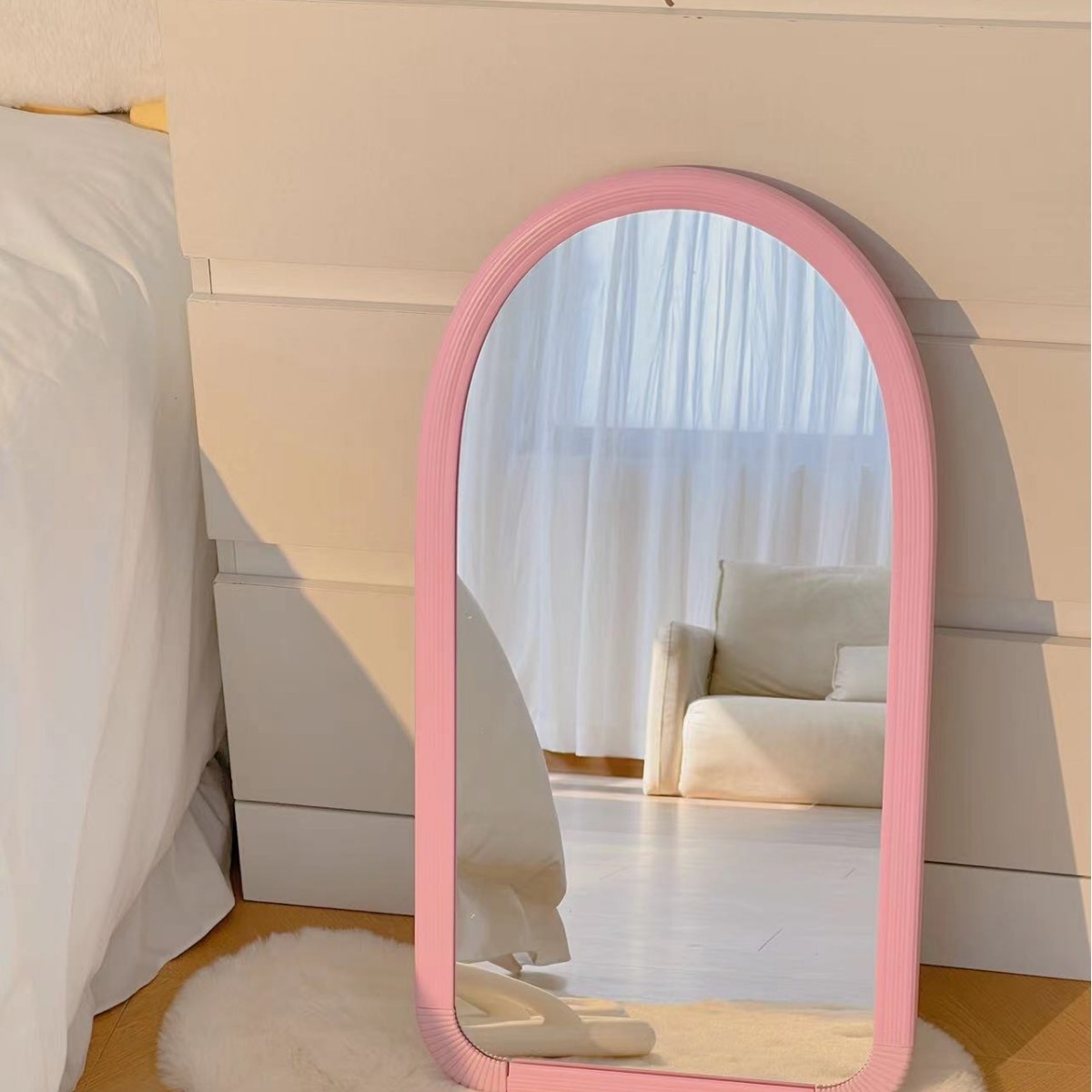 Espejo rosa, espejo de piso, espejo de vestir, espejo de dormitorio, espejo de maquillaje, dormitorio de estudiantes, pared colgada