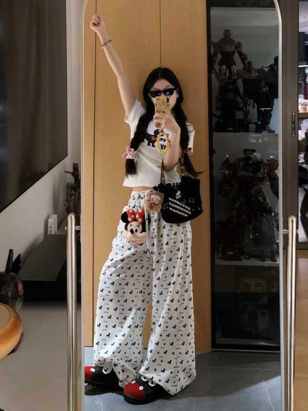 American Retro Casual Sportswear Suit for Women Summer Cute Puppy Print Slim Short-Sleeved Wide-Leg Pants Two-Piece Set