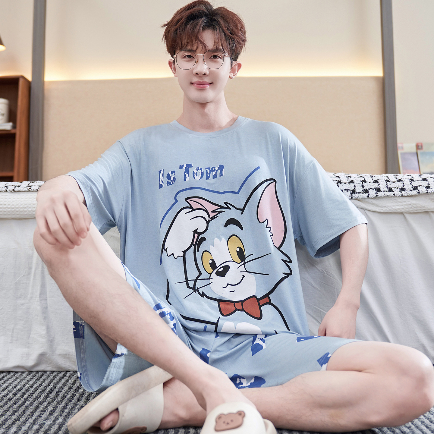 Men's Summer Pajamas, Cat and Mouse Short-Sleeved Modal 2026 New Style Youth Home Wear Plus Size Set 2