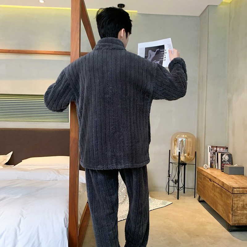 Invierno nuevo pijama de terciopelo de coral para hombres jacquard coreano casual simple con cremallera set de ropa de casero comercio exterior al por mayor