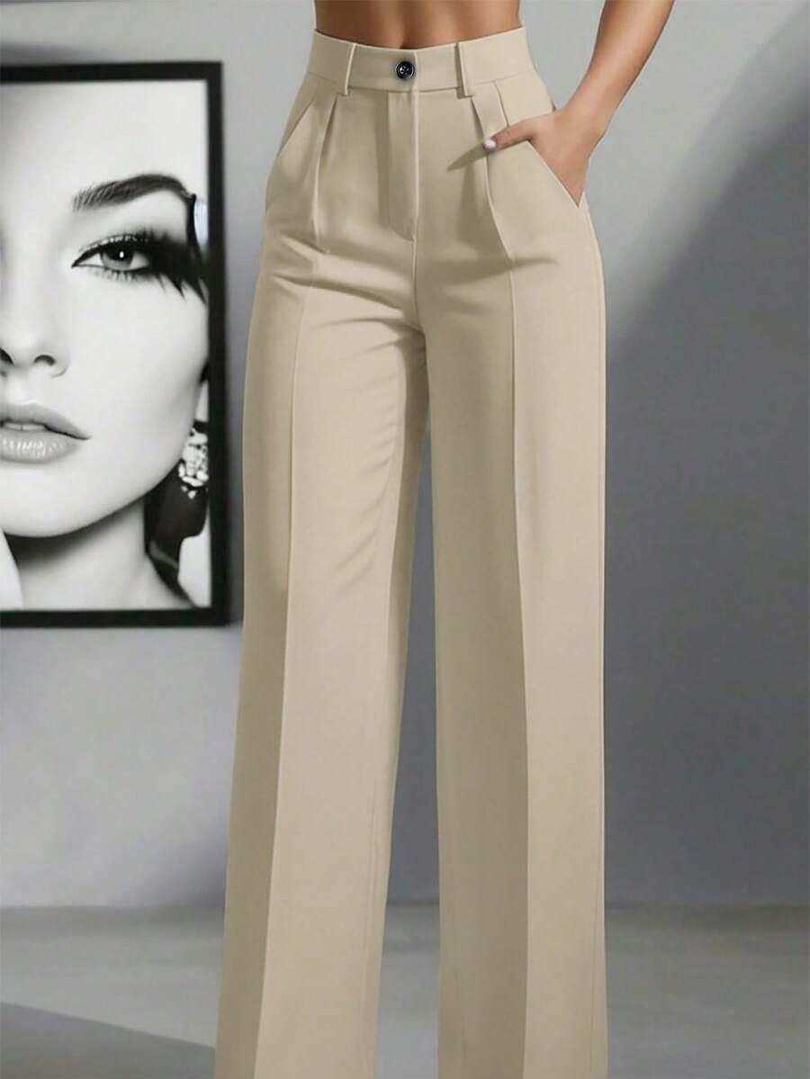 2025 Europa y América Amazon estación independiente de color sólido casual de mujer cintura alta plegada pantalones largos sueltos pantalones de trabajo pantalones