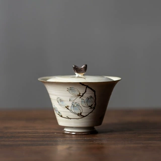 手绘玉兰花日式盖碗茶杯单个高档小号薄胎茶碗带盖功夫茶具不烫手