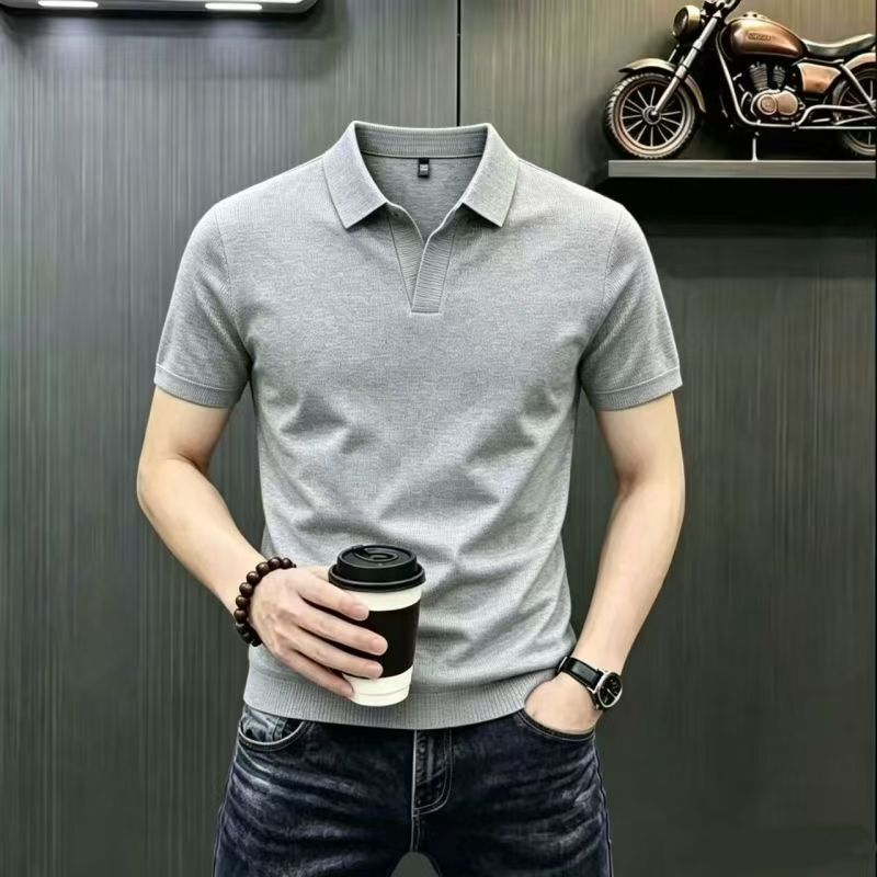 Cross-Border Summer New Style Seagull Collar Men's Short-Sleeved T-Shirt Quick-Drying Breathable V-Neck Solid Color Casual Half-Sleeved Polo Shirt for Men