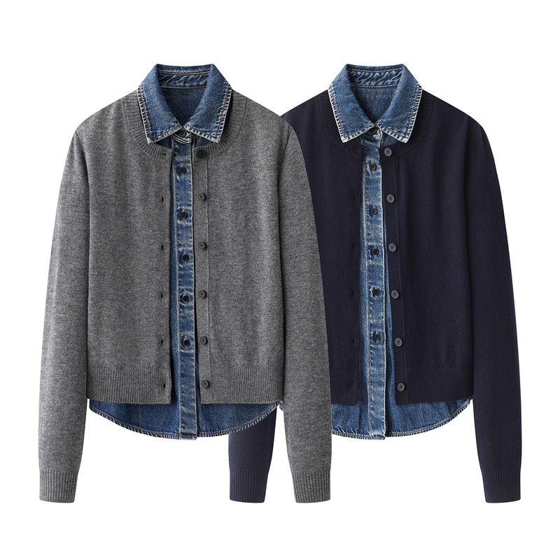 In Stock 2025 Winter New Product Patchwork Denim Faux Two-Piece Knitted Cardigan Sweater Mbe4Car052