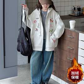 女童带帽卫衣开衫外套中大童秋冬新款简约卡通狗狗长袖时尚拉链衫