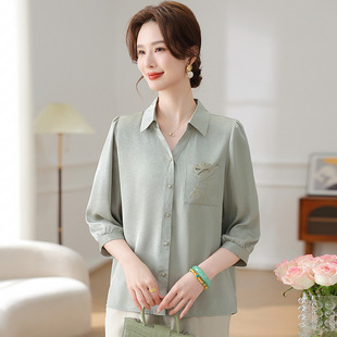 Mother's 2025 Summer New Lar Shirt 50 with Middle-aged Women's Loose Top Silk Print Shirt