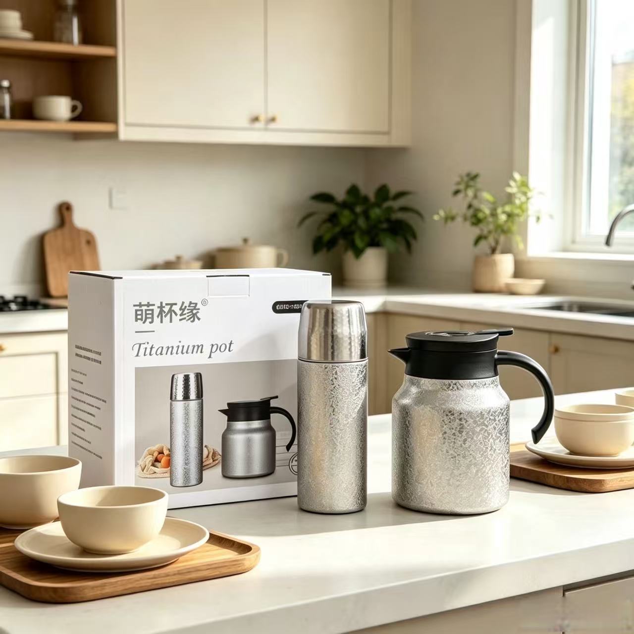 Cute Cup Edge Titanium-Coated Insulated Kettle Set, Large Capacity High-End Titanium Tea Brewing Pot Set