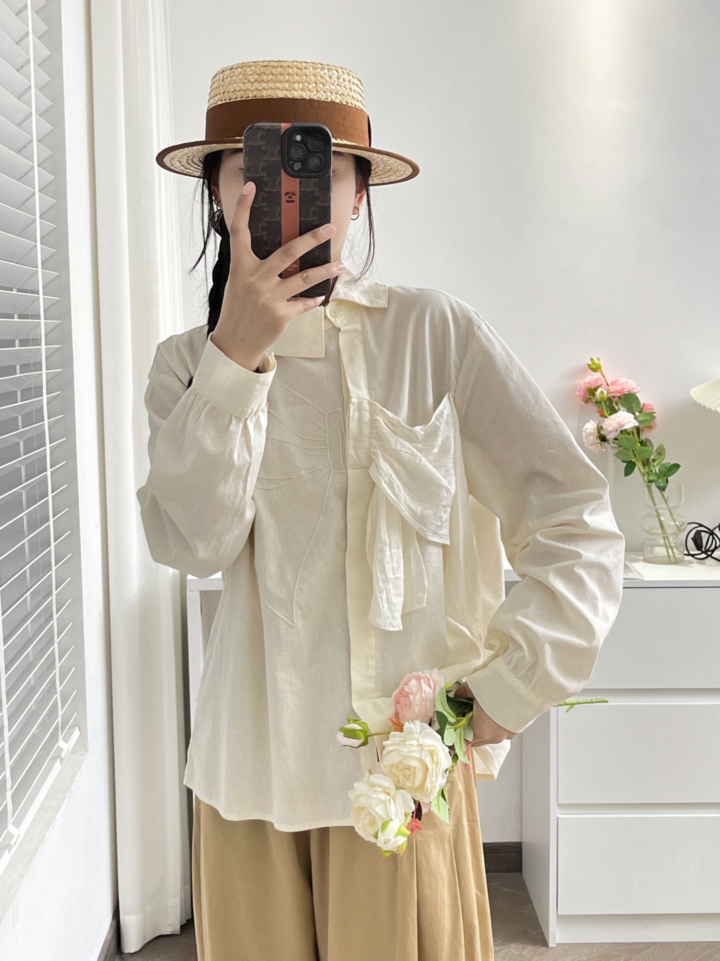 Spring design elegant solid color shirt with bow for leisure