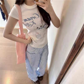 蝴蝶结小猫咪卡通印花短袖恤女正肩修身显瘦螺纹百搭纯欲风上衣
